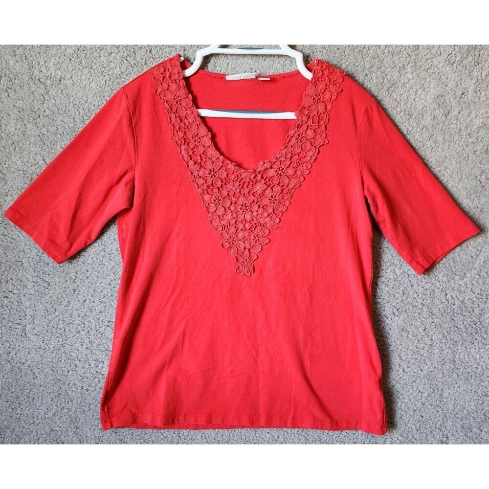 Susan Graver Women's Short Sleeve Crochet V Neck T Shirt Top Cotton Blend Pink S